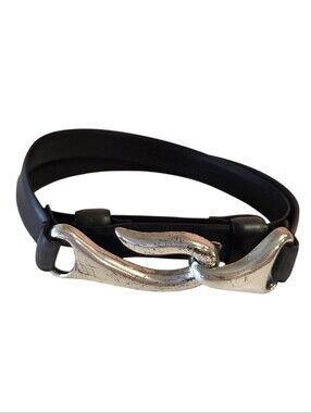 Chico's Vintage Y2K Black Belt M/L Sculpted Silver-Tone Hook Buckle Festival